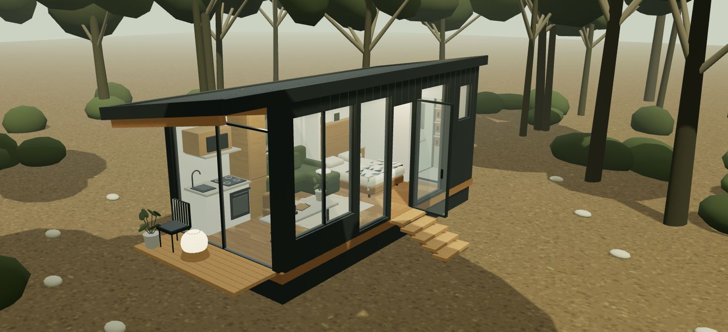 Uma cabana mobilada na natureza, com grandes janelas e alpendre coberto